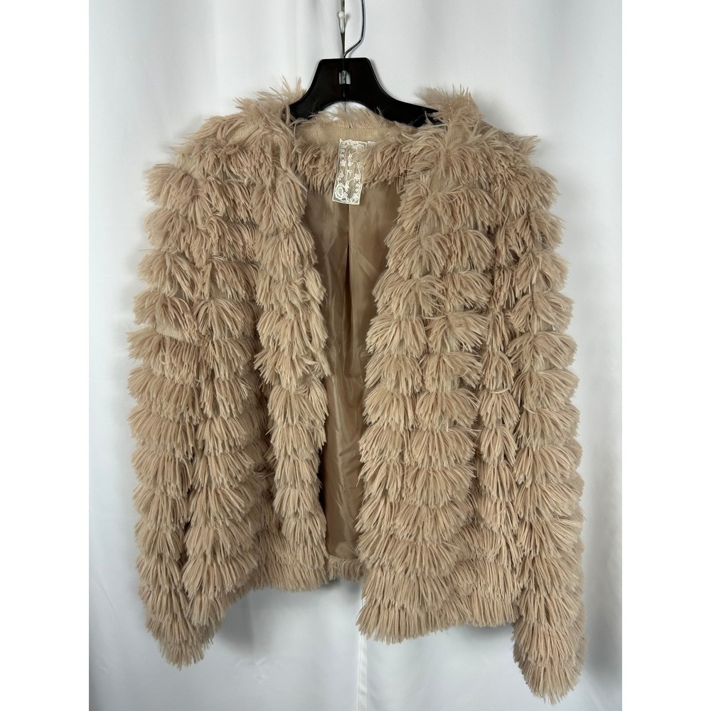 Sadie & Sage Tan Pink Whimsigoth Faux Fur Open Front Boho Glam Jacket Size Large